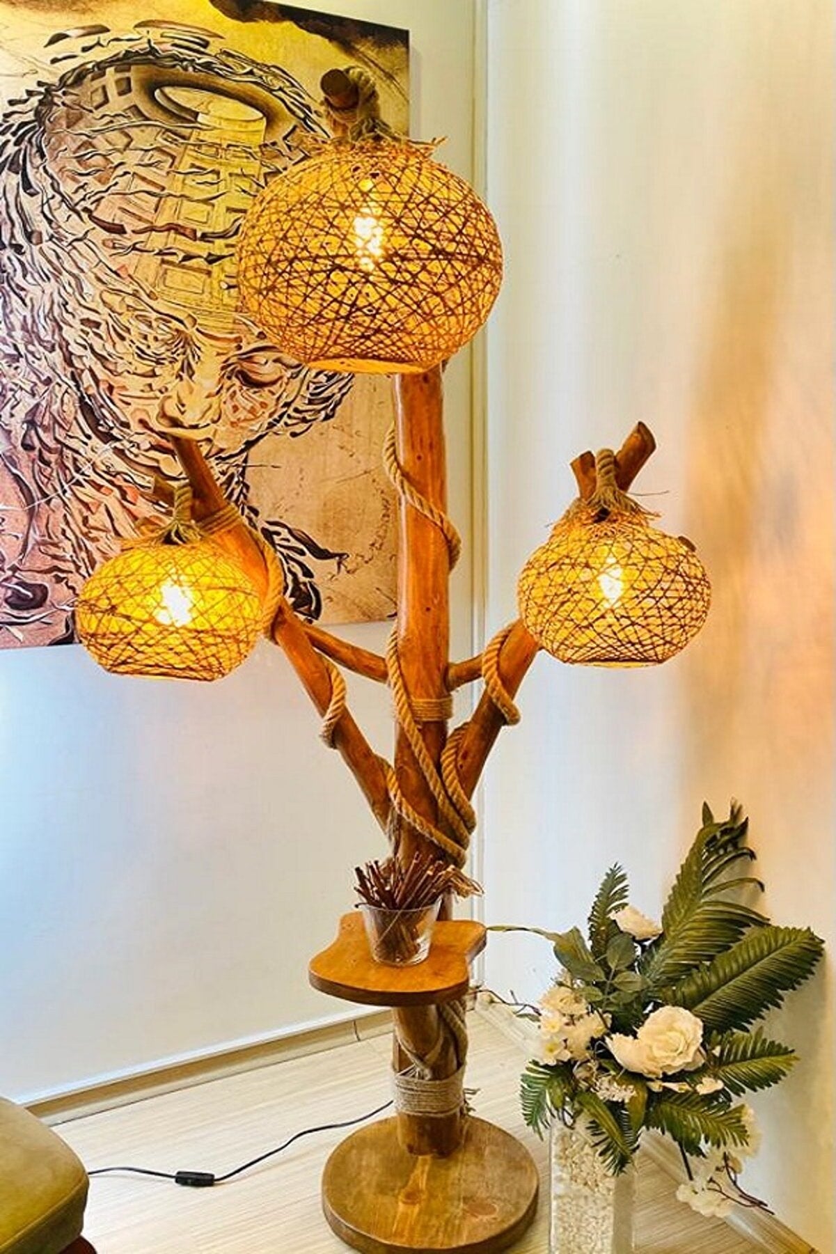Tree Design Wood Floor Lamp 170-180 Cm Three Heads Natural Wood Floor Lamp