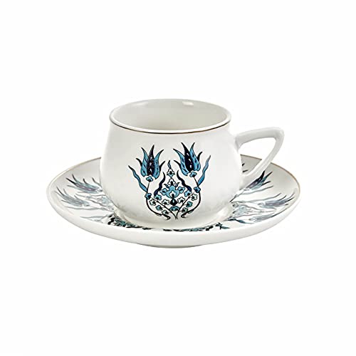Karaca İznik New Form Set of 6 Coffee Cups, 90 ml,Espresso Cup and Saucer Set, Mocha Cup, Turkish Coffee Cup, 12 Pieces, Traditional Turkish Pattern 90 ml Capacity