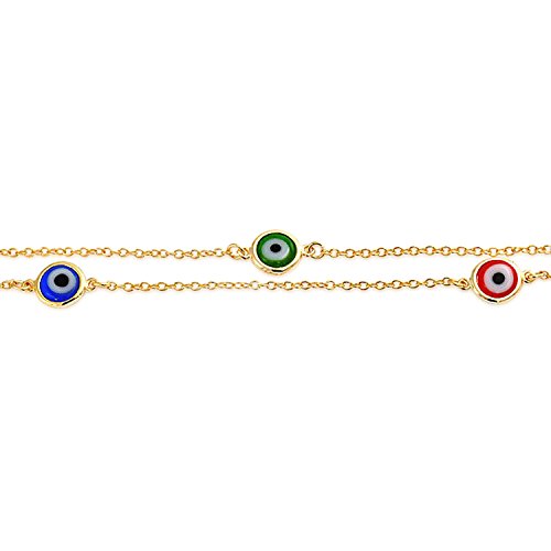 Bling Jewelry Delicate Turkish Evil Eyes Multi Color Anklet Ankle Bracelet for Women14K Gold Plated 925 Sterling Silver 10 Inch