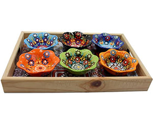 SilverCraft 6 Pcs Daisy Shaped Hand Painted Decorative Serving Turkish Tiny Bowls - Handmade Ceramic Bowl - Set of 6 (3.7''inc/9.5cm) 2.5 Oz Pinch Multicolor Small Serving Bowls - Best Gift Set