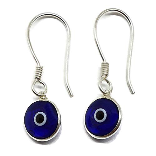 Mystic Jewels 925 Sterling Silver Drop Earrings - Round Turkish Eye for Good Luck (Dark Blue)
