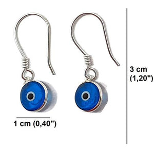 Mystic Jewels 925 Sterling Silver Drop Earrings - Round Turkish Eye for Good Luck (Light Blue)