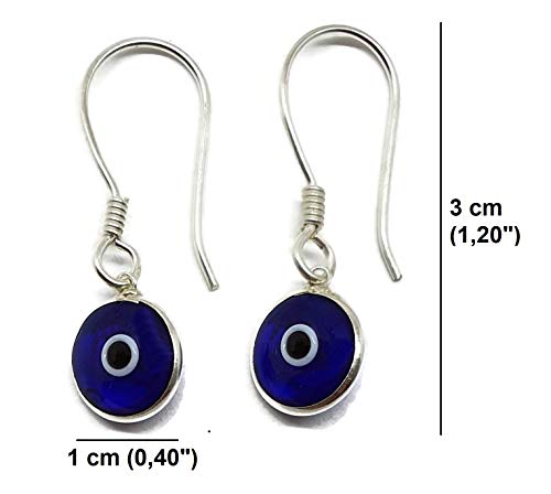 Mystic Jewels 925 Sterling Silver Drop Earrings - Round Turkish Eye for Good Luck (Dark Blue)