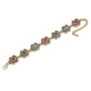 Avalaya Vintage Inspired Turkish Style Square Station Bracelet in Aged Gold Tone (Green/Red/Blue) - 16cm L/ 6cm Ext
