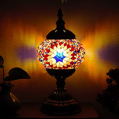 Kindgoo Turkish Mosaic Table Lamp Handmade Unique Glass Lamp with Bronze Base