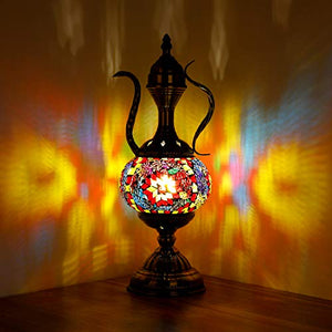 Turkish Mosaic Glass Table Lamp Teapot Moroccan Lantern Home Decor Desk Bedside Night Light for Living Room Bedroom (Red)