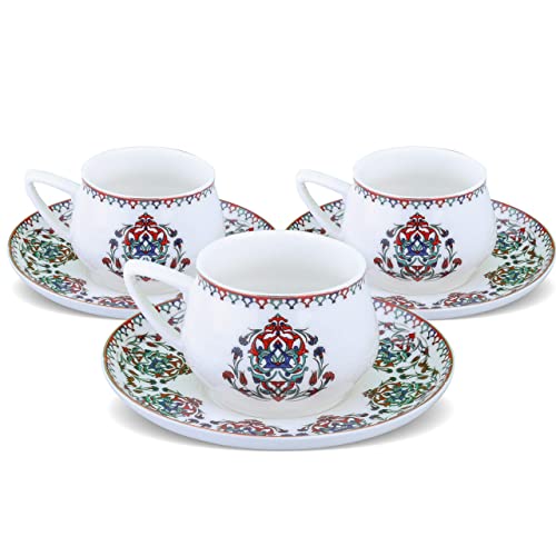 Karaca Nakkas Espresso Cup and Saucer Set of 6, 90 ml, Espresso Cup, Mocha Cup, Turkish Coffee Cup, 12 Pieces, Traditional Turkish Pattern, Ethnic Motif, Authentic, Dishwasher Safe, 90 ml