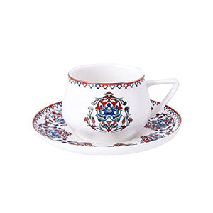 Karaca Nakkas Espresso Cup and Saucer Set of 6, 90 ml, Espresso Cup, Mocha Cup, Turkish Coffee Cup, 12 Pieces, Traditional Turkish Pattern, Ethnic Motif, Authentic, Dishwasher Safe, 90 ml