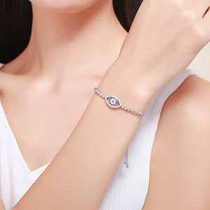 Qings Adjustable Evil Eye Bracelet Bangle Made 925 Sterling Silver Blue Crystals, White Gold Plated, Gift for Women Girl