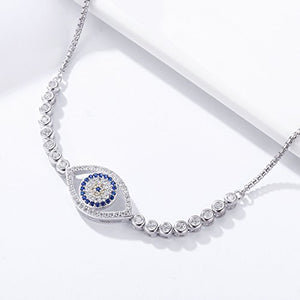 Qings Adjustable Evil Eye Bracelet Bangle Made 925 Sterling Silver Blue Crystals, White Gold Plated, Gift for Women Girl