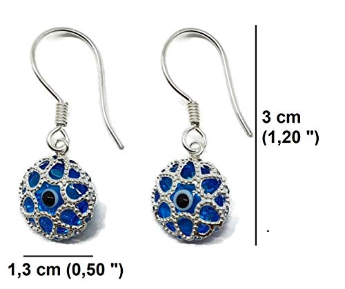 Mystic Jewels - 925 Sterling Silver Earring with Glass Evil Eye Inside - Turkish Filigree Eye - for Good Luck