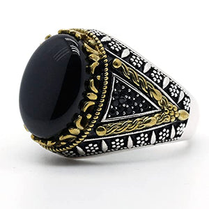 925 Sterling Silver Men's Ring Black Natural Agate Stone Signet Ring Handcrafted Turkish Jewelry
