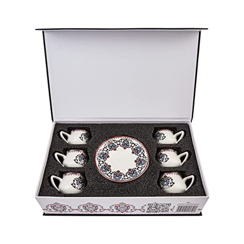 Karaca Nakkas Espresso Cup and Saucer Set of 6, 90 ml, Espresso Cup, Mocha Cup, Turkish Coffee Cup, 12 Pieces, Traditional Turkish Pattern, Ethnic Motif, Authentic, Dishwasher Safe, 90 ml