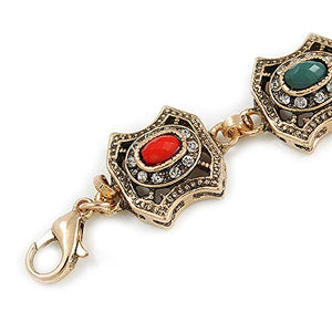 Avalaya Vintage Inspired Turkish Style Square Station Bracelet in Aged Gold Tone (Green/Red/Blue) - 16cm L/ 6cm Ext