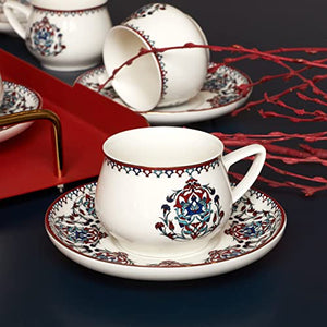 Karaca Nakkas Espresso Cup and Saucer Set of 6, 90 ml, Espresso Cup, Mocha Cup, Turkish Coffee Cup, 12 Pieces, Traditional Turkish Pattern, Ethnic Motif, Authentic, Dishwasher Safe, 90 ml