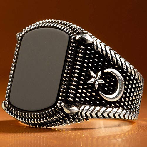 Plain Model Black Onyx Gemstone Silver Crescent Star Style Ring Handmade Turkish Ring Solid 925 Sterlingg Silver Made in Turkey (M 1/2)