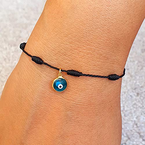 MYSTIC JEWELS by Dalia - Kabbalah Bracelet - 7 Knots Red Thread with Small Eye in 925 Gold Plated Silver - Unisex - Adjustable - Evil Eye Protection, Good Luck (Black)