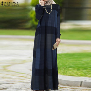 Women Dubai Muslim Islamic Kaftan Long Dress ZANZEA Autumn Vinatge Plaid Checked  Pirnted Puff Sleeve Abaya Kaftan Maxi Dress